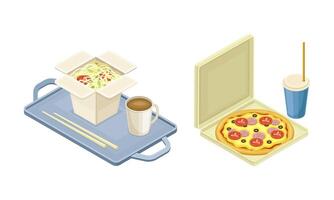 Fast food set. Takeaway wok box of noodles with vegetables, pizza and drinks illustration vector