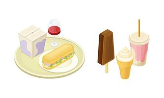 Street food set. Takeaway wok box, sandwich, glass of wine and ice cream illustration vector