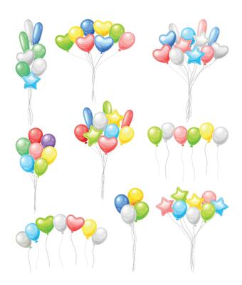 Bunches of shiny flying helium balloons set. Birthday party holiday decoration illustration