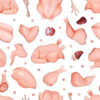 Fresh raw chicken meat seamless pattern. Organic meat products endless background illustration vector