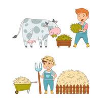 Cute kids working on farm set. Boys feeding cow with fresh green grass and gathering hay in stack with pitchfork cartoon illustration vector