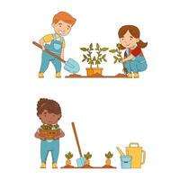 Cute kids working on farm set. Children planting seedlings and digging carrots cartoon illustration isolated on white background. vector