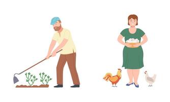 Farmers doing various works on farm. Agricultural workers working on field and feeding poultry birds cartoon illustration vector