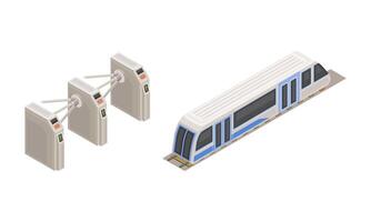 Subway station elements set. Train and entrance gate or turnstile. Modern railway transport concept isometric illustration vector