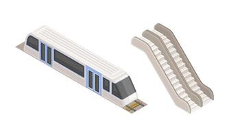 Subway station elements set. Train and escalator. Modern railway transport concept isometric illustration vector