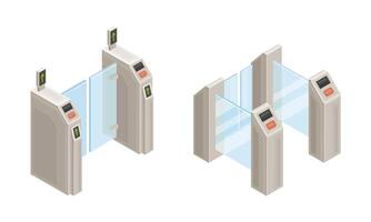 Subway station elements set. Entrance gates. Modern railway transport concept isometric illustration vector