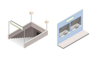 Subway station elements set. Entrance and ticket booth. Modern railway transport concept isometric illustration vector