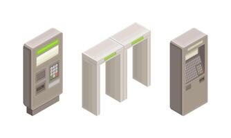 Subway station elements set. Entrance gate and ticket vending machines. Modern railway transport concept isometric illustration vector
