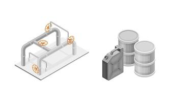 Oil refinery plant elements set. Pipeline, barrels and canisters isometric illustration vector