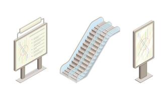 Subway station elements set. Metro map and escalator. Modern railway transport concept isometric illustration vector