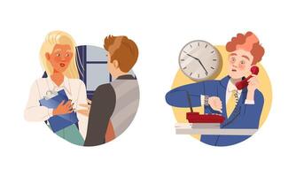 Office employees performing various activities set. People talking with each other and on on phone cartoon illustration vector