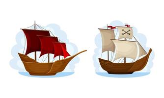 Ship with white and red sails set. Vintage sailing ships with black pirate flags floating on water cartoon illustration vector