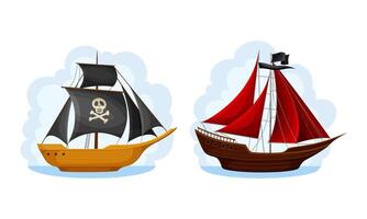 Ship with black and red sails set. Vintage sailing ships, black flags with skull bones cartoon illustration vector