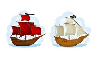Pirate ship with white and red sails set. Vintage sailing ships with black flags floating on water cartoon illustration vector
