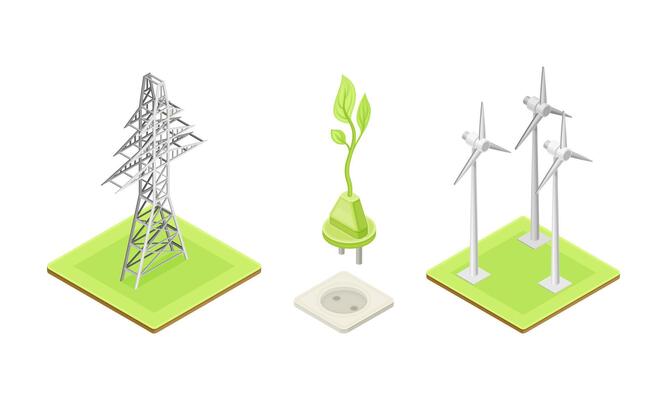 Alternative power sources set. Wind electricity and high voltage electricity transmission grid. Green clean energy production isometric illustration