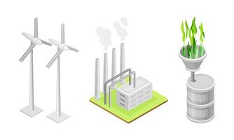 Clean energy production. Sources of renewable environment friendly electricity production isometric illustration vector