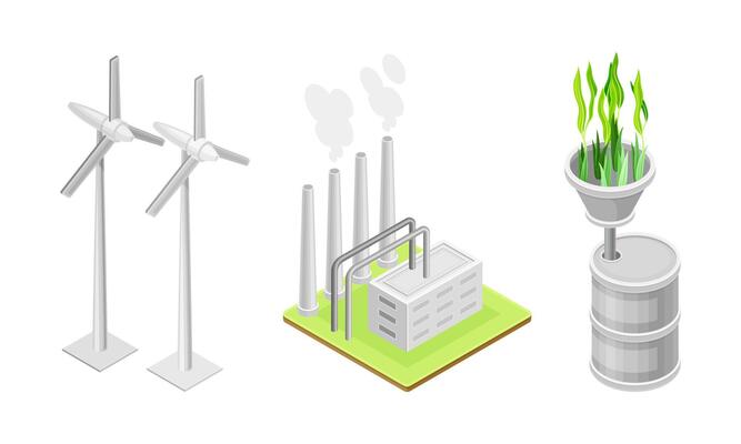 Clean energy production. Sources of renewable environment friendly electricity production isometric illustration