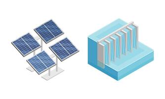 Alternative power sources set. Solar and hydroelectricity power station. Clean energy production isometric illustration vector