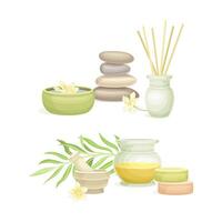 Spa objects set. Aromatic reed diffuser, pebble stones, oil. Beauty routine and skin care illustration vector