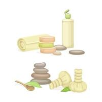 Spa objects set. Pebble stones, bottle of lotion, towel. Beauty routine and skin care illustration vector