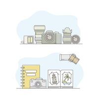 Photographic equipment set. Professional cameras and photo prints illustration vector
