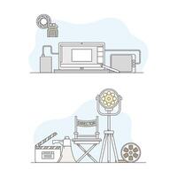 Cinema movie objects set. Director chair, film reel, searchlight, clapperboard and laptop computer illustration vector