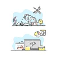 Education and science concept. Data storage and analysing, repair equipment and tools set illustration vector
