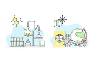 Education and science concept. Chemistry laboratory science equipment and geography objects illustration vector