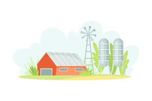 Farm buildings. Red barn, silo tower and windmill illustration vector