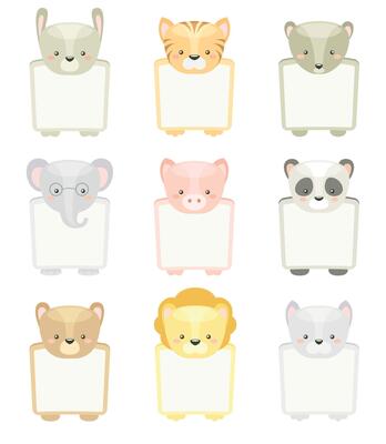 Frames with animal heads set. Note book page, notes, memories and stickers decorated with cute wild animals cartoon illustration