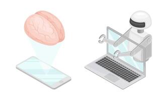 Artificial Intelligence, hi-tech technologies. Robotic artificial objects isometric illustration vector