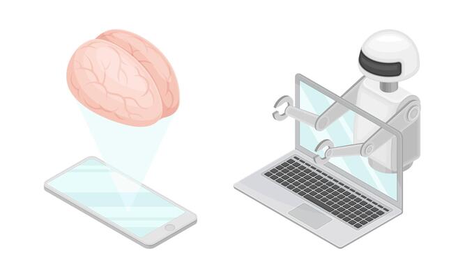 Artificial Intelligence, hi-tech technologies. Robotic artificial objects isometric illustration
