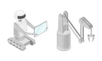Artificial Intelligence objects set. Android robots and robotic arm. Hi-tech technology isometric illustration vector