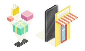 Online shopping elements set. Mobile app shopping and gift boxes. E-commerce concept isometric illustration vector