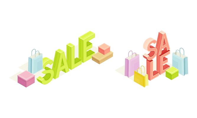 Online shopping sale elements set. E-commerce concept isometric illustration