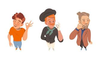 Set of people looking up. View from above of young men doing hand gestures cartoon illustration vector