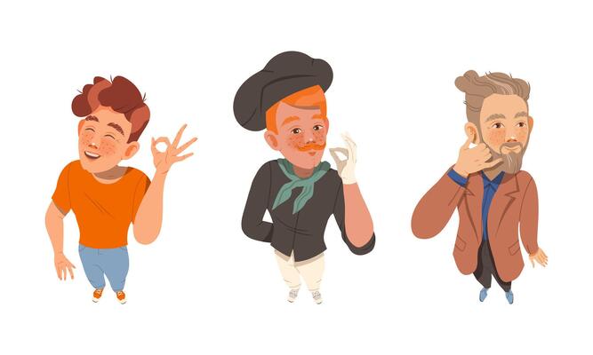 Set of people looking up. View from above of young men doing hand gestures cartoon illustration