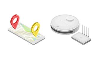 Smartphone map application and red pinpoint on screen, robotic vacuum cleaner isometric illustration vector