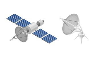 Space orbital satellite and dish antenna, wireless communication equipments isometric illustration vector