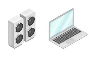 Laptop computer and loud speakers, modern wireless mobile devices isometric illustration vector