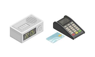 Alarm clock with radio receiver and terminal for payment by card, modern wireless mobile devices isometric illustration vector