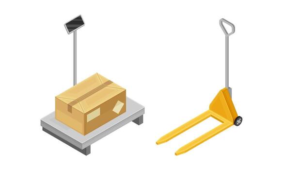 Warehouse objects set. Scales and forklift. Storage and logistic concept isometric illustration vector