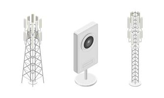 Telecommunication tower and webcam. Wireless technology devices isometric illustration vector