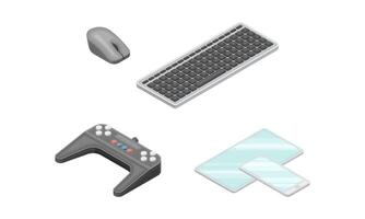 Keyboard, computer mouse, game controller and smartphone. Modern wireless mobile devices isometric illustration vector