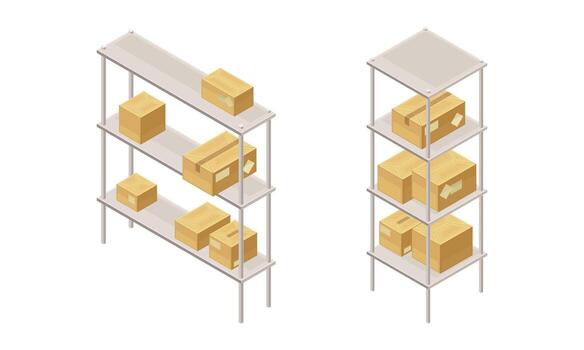 Warehouse objects set. Cardboard boxes on racks. Storage and logistic concept isometric illustration vector