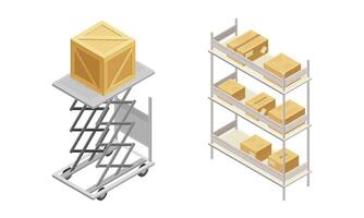 Warehouse objects set. Cardboard boxes on racks. isometric illustration vector