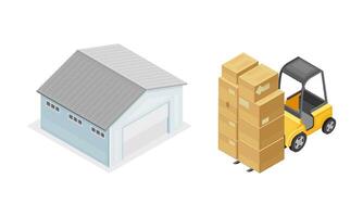 Warehouse objects set. Warehouse building and forklift truck isometric illustration vector