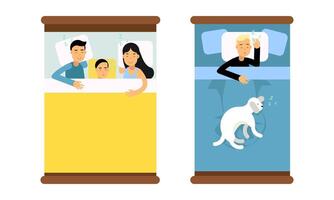 People sleeping in beds set. Top view of people and pet lying under blanket in pajamas asleep at night cartoon illustration vector