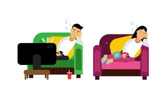 Sleeping people set. Man and woman napping while sitting in armchair cartoon illustration vector