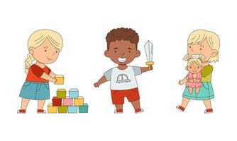 Kids playing with toys together set. Boy and girl playing with blocks, sword and doll cartoon illustration vector